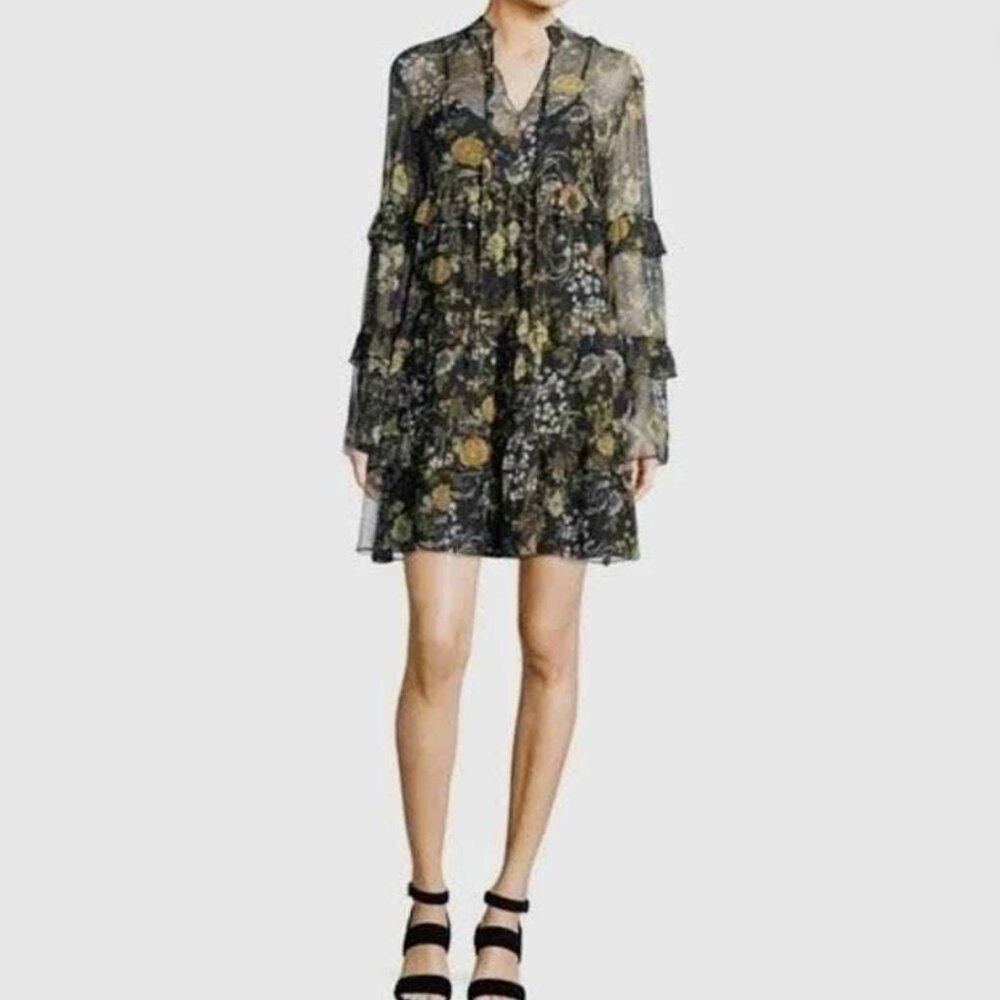 Robert Rodriguez Floral Tired Ruffle Silk Dress S‎ Black Sheer Boho Whimsygoth